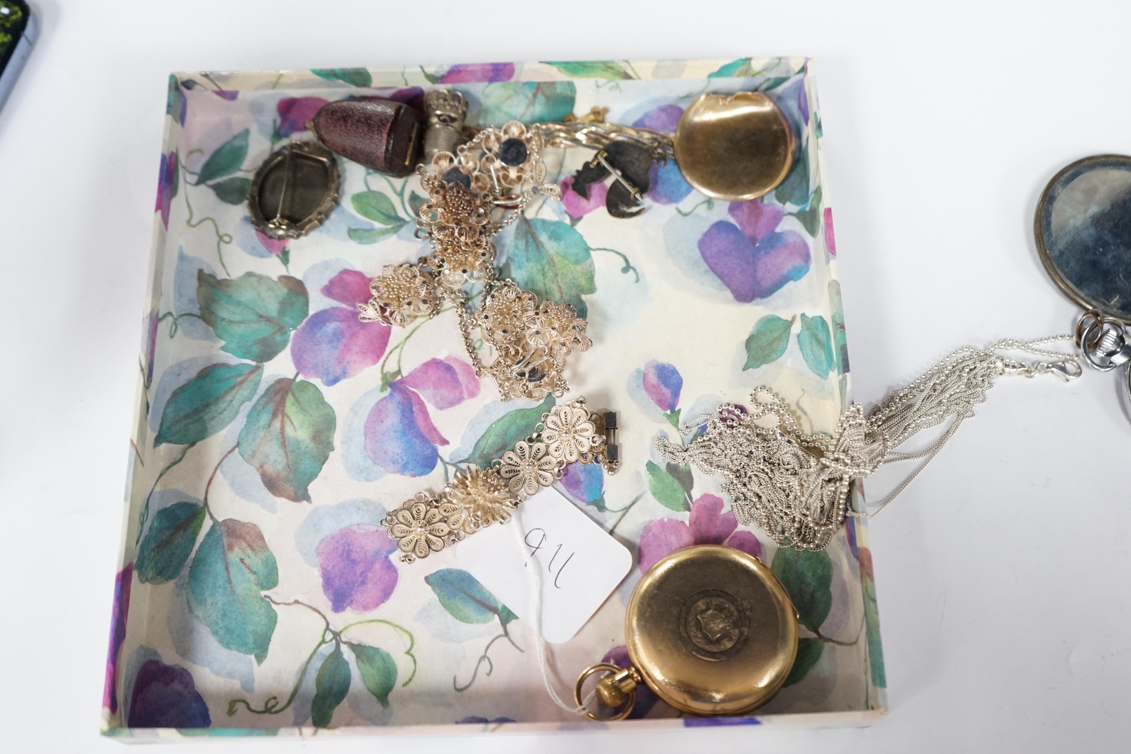 A quantity of assorted jewellery including a later Victorian silver locket and brooch, Italian 925 bracelet, chains, thimble, bangle, etc. together with a 935 white metal fob watch, a silver pocket watch and an Elgin gol